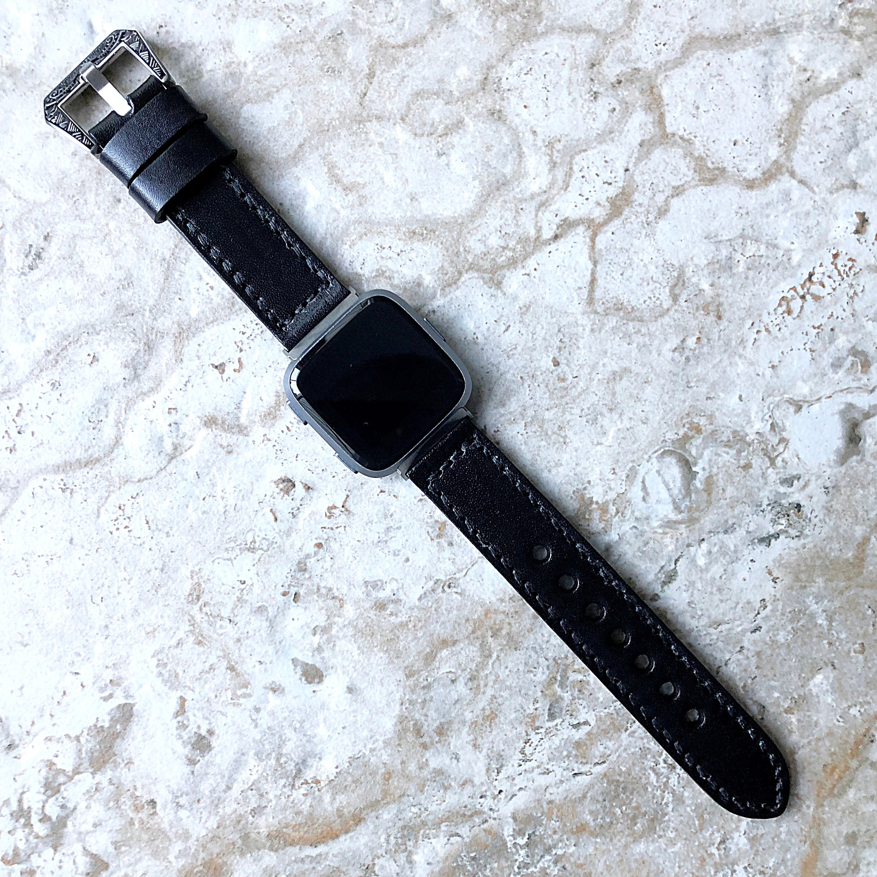 Fitbit Versa 2 3 4 Sense 2 Black Band Fully Stitched Handmade Thick Leather Strap Bracelet Watch Quick Release Silver Rose Gold Black